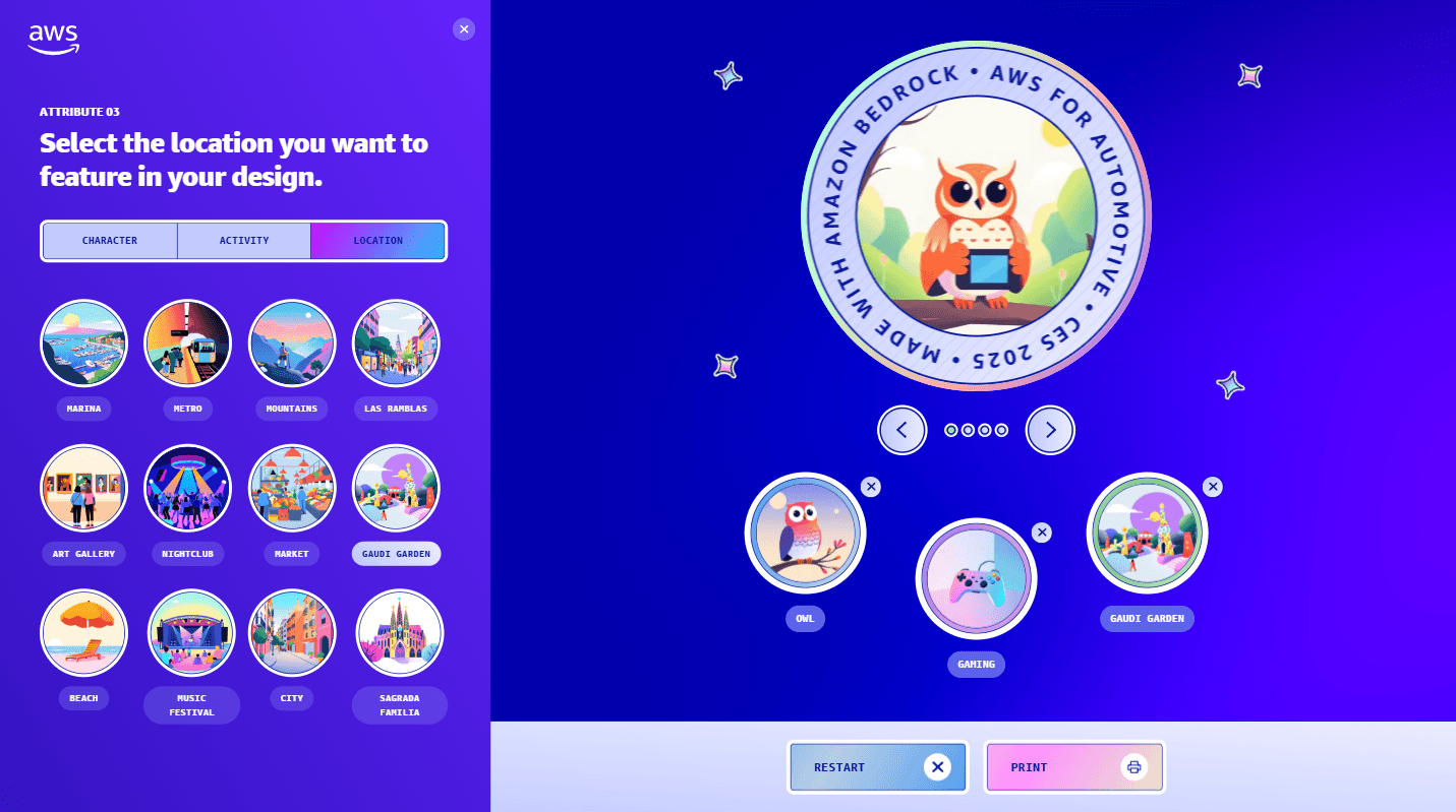 Colorful digital interface for a design selection tool related to AWS Bedrock, featuring location icons, a central owl logo, and various selectable character activities against a gradient purple background.