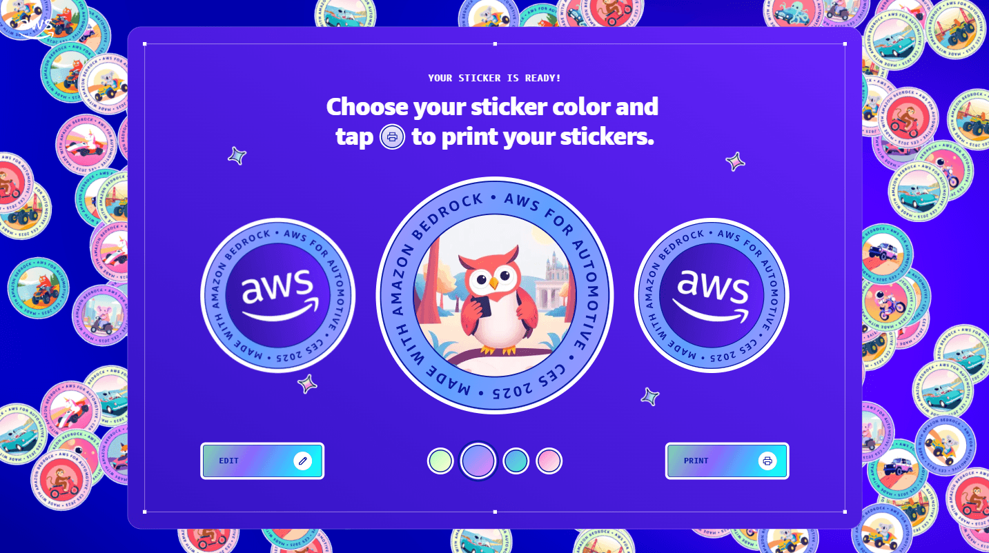 A vibrant digital interface on a purple background displaying a message 'YOUR STICKER IS READY!' with options to choose sticker colors, featuring owl character and AWS logo stickers, and buttons for editing and printing.