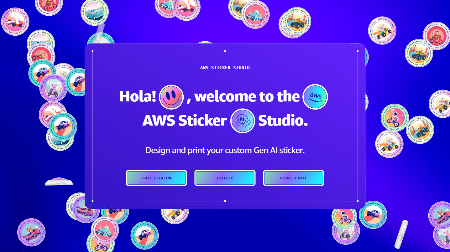 Digital interface of the AWS Sticker Studio on a vibrant purple background, inviting users to design and print custom Gen AI stickers. Features options like Start Creating, Gallery, and Printed Wall, surrounded by colorful playful stickers.