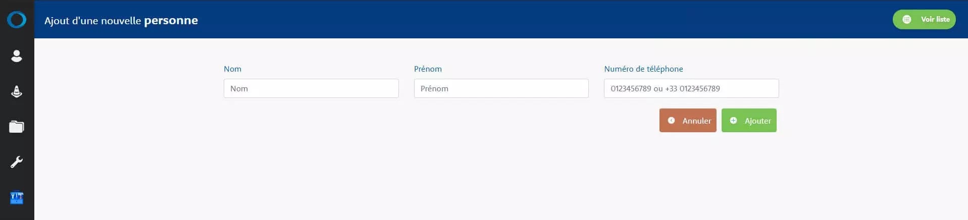 Computer interface for adding a new person with fields for first name, last name, and telephone number, along with buttons for canceling and adding information.