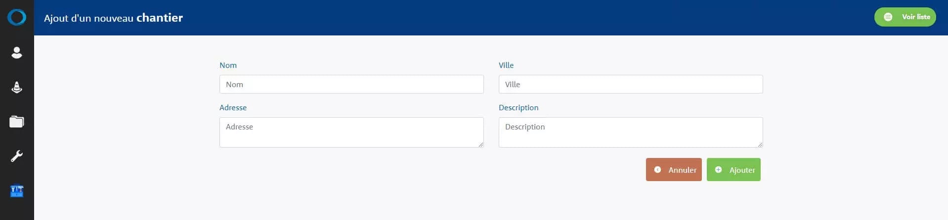 Computer interface in French for adding a new construction site with form fields for site name, address, city, and description
