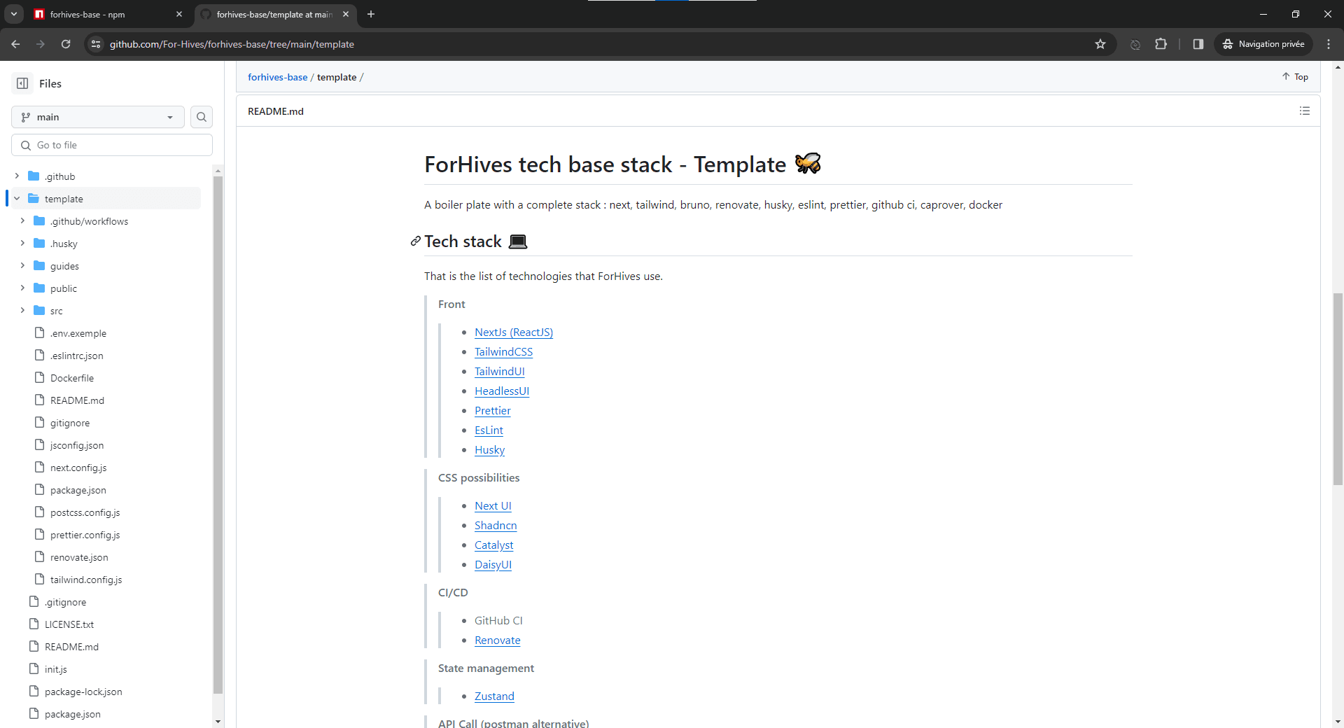 Screenshot of a GitHub README.md file describing the tech stack for ForHives