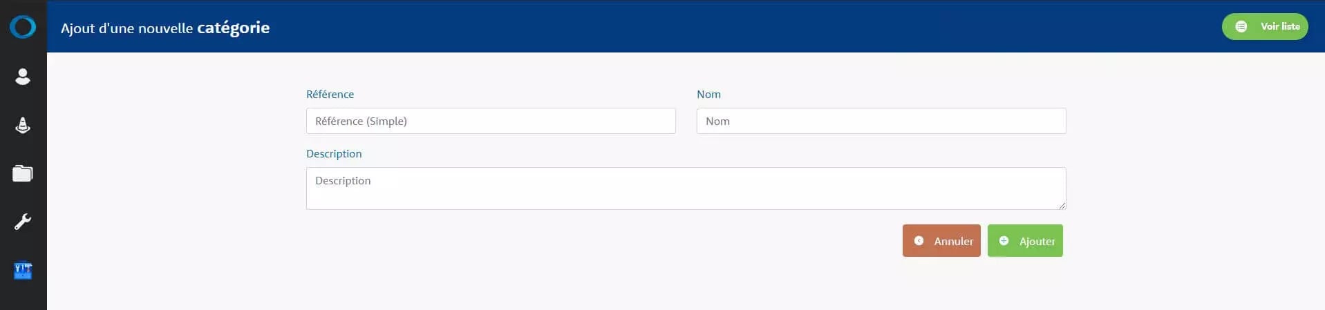 Screenshot of a web interface for adding a new category in French, with fields for reference, name, and description.
