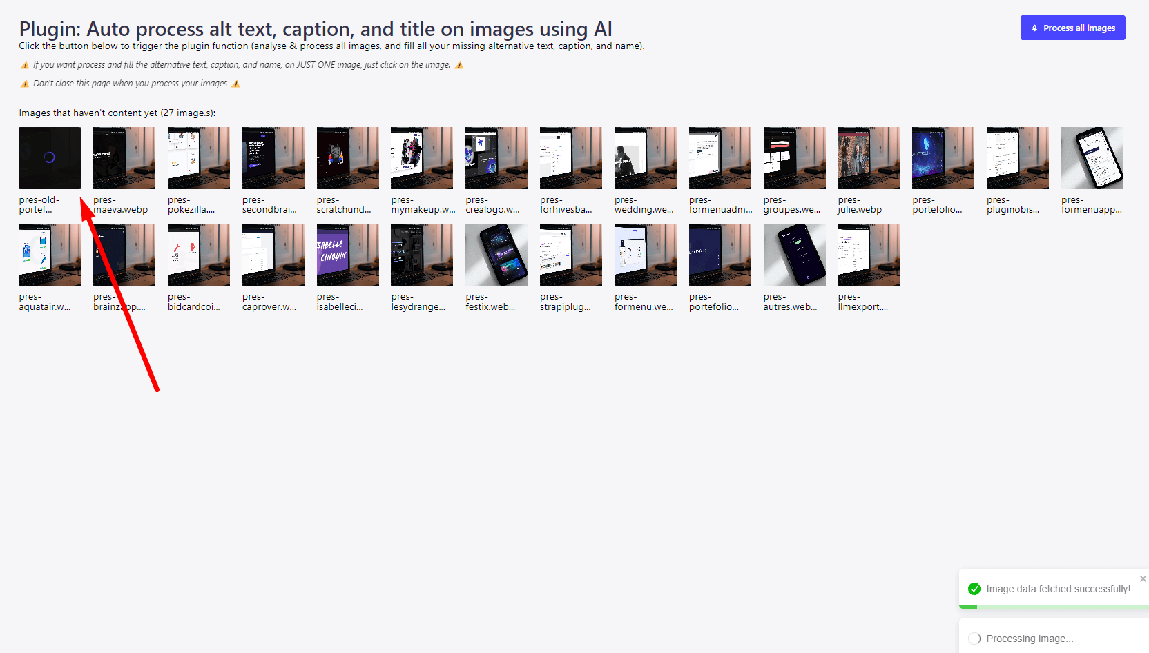 Screenshot of a web page for a plugin that automatically processes alt text, captions, and titles on images using AI.