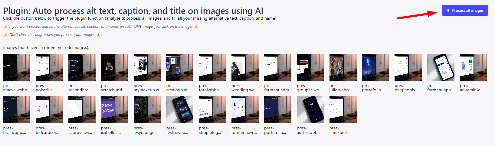 Computer interface displaying thumbnails of 26 images with filenames starting with 'pres-', a button to process all images for alt text and metadata