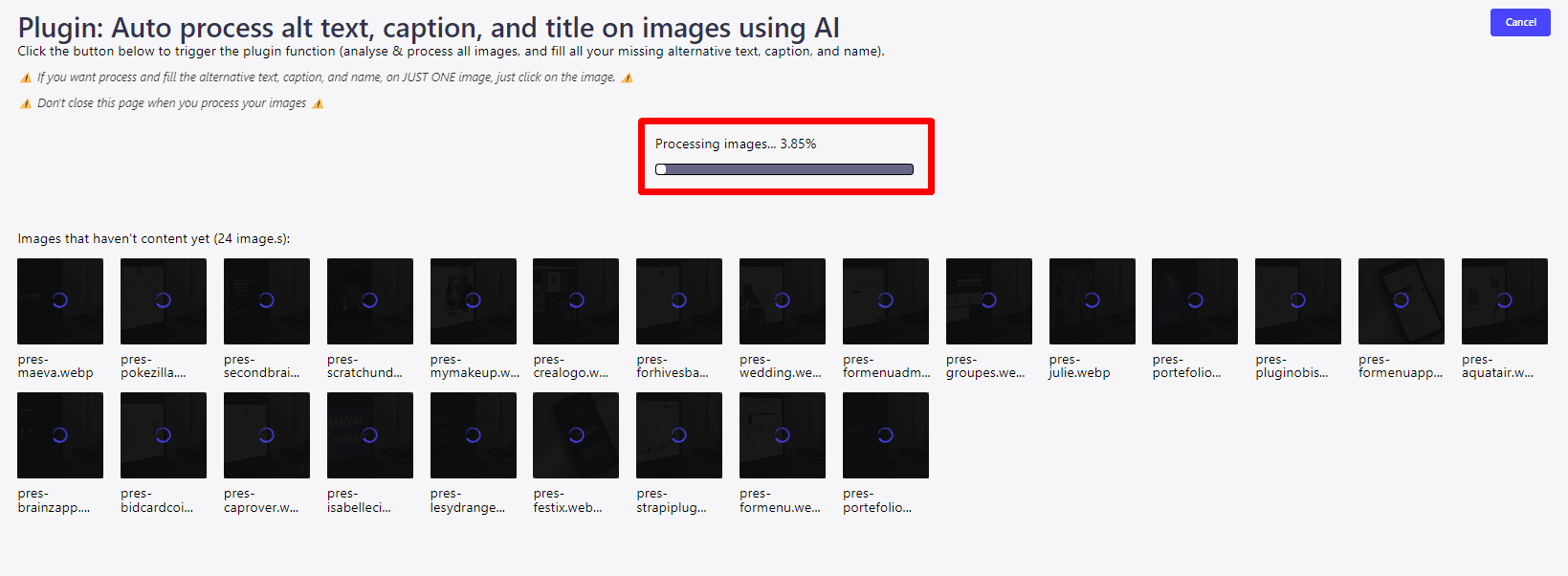 Software interface for a plugin using AI to automatically process alternative text, captions, and titles for images.