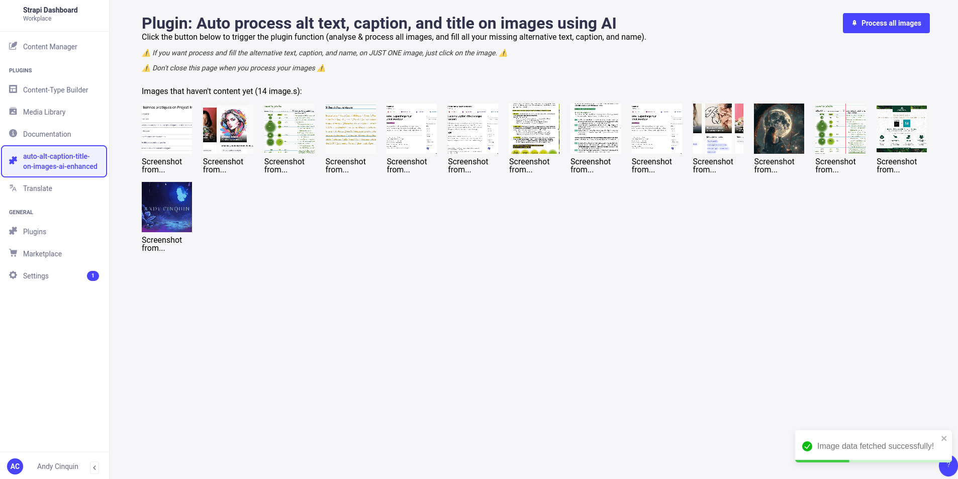 User interface of content management software with AI plugin for generating alt text, captions, and titles for images