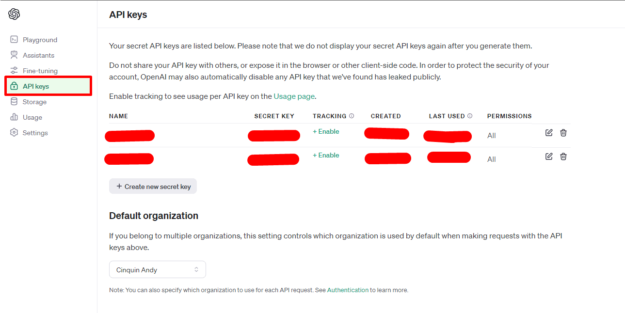 Webpage interface for managing API keys with various key management options and settings