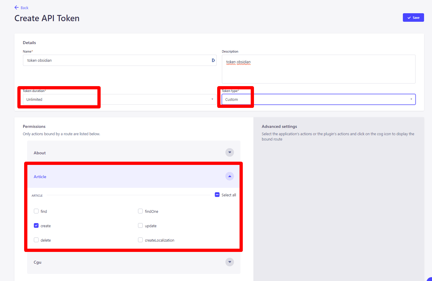 Screenshot of a web interface for creating an API token with fields for name, description, duration, type, and permissions for Article actions.