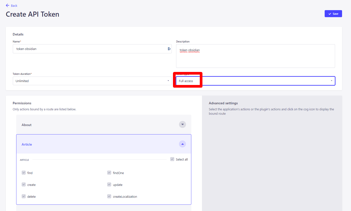 User interface showing a form for creating an API token with fields for name, description, and duration. Full access selected. Permissions section for categories like Article with multiple actions. Save button at top right corner.