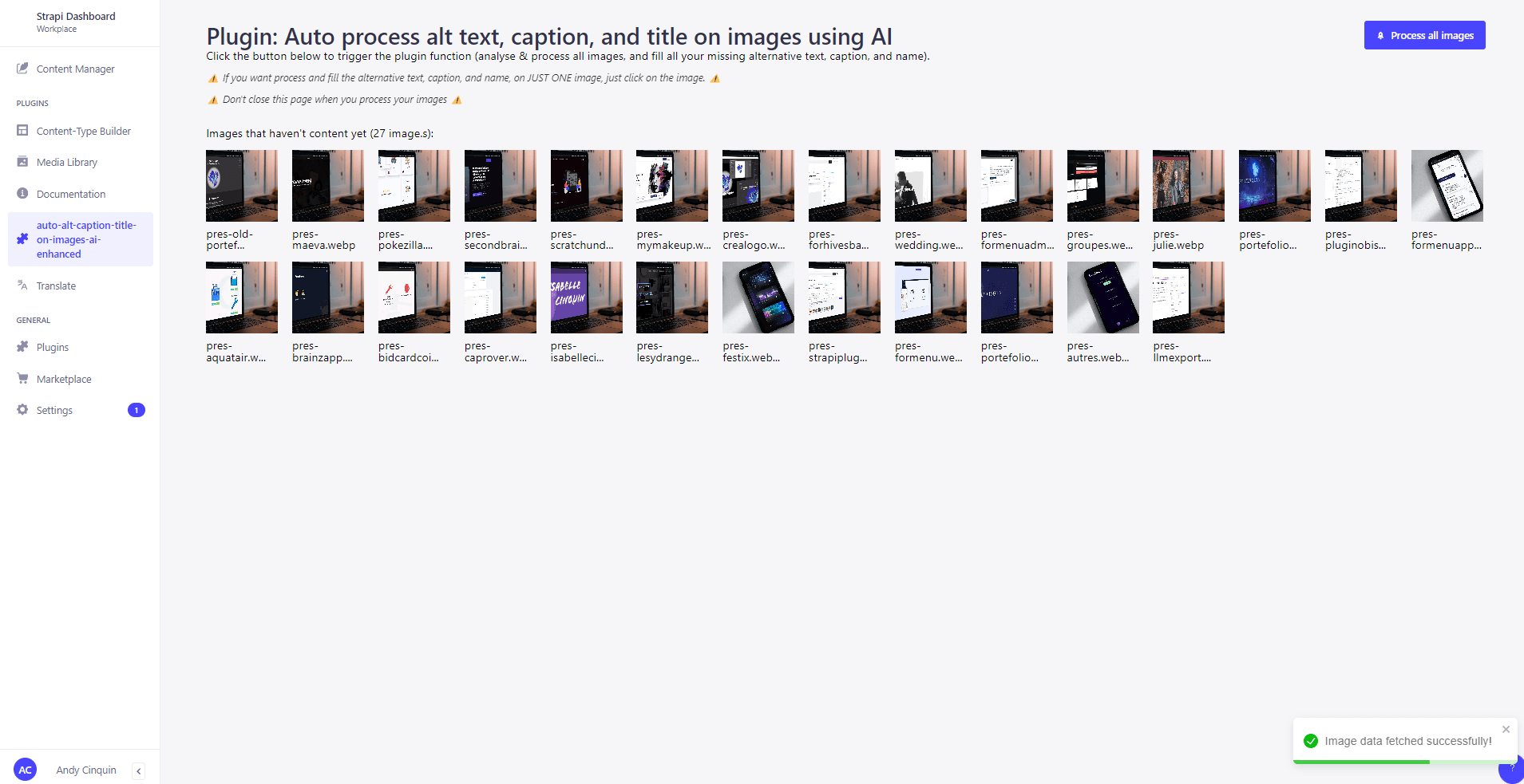 Computer screen showing a user interface for a plugin to automatically generate alt text, captions, and titles for images using AI. Multiple image thumbnails are displayed, with a 'Process all images' button for batch processing.