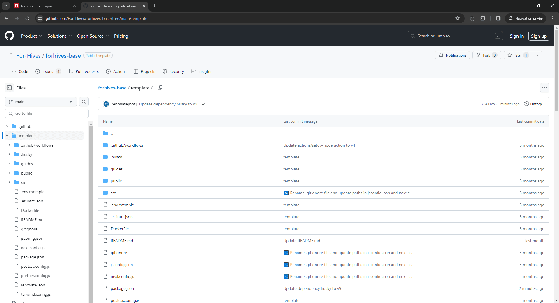 GitHub repository interface displaying directory structure and file commit history focused on 'template' directory of 'forhives-base' repository. Latest commit updates a dependency to a newer version.