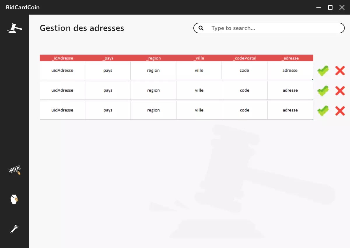 Computer screen displaying an address management interface in French with table headers for idAdresse, pays, region, ville, codePostal, and adresse.