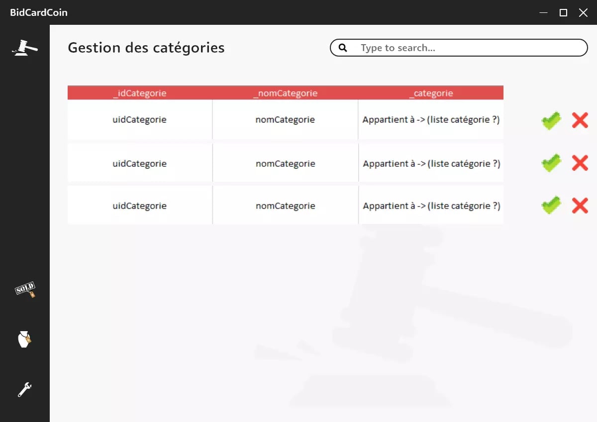 Computer screen displaying a user interface for managing categories with columns for category ID, name, and affiliation. Icons for confirm and delete options.
