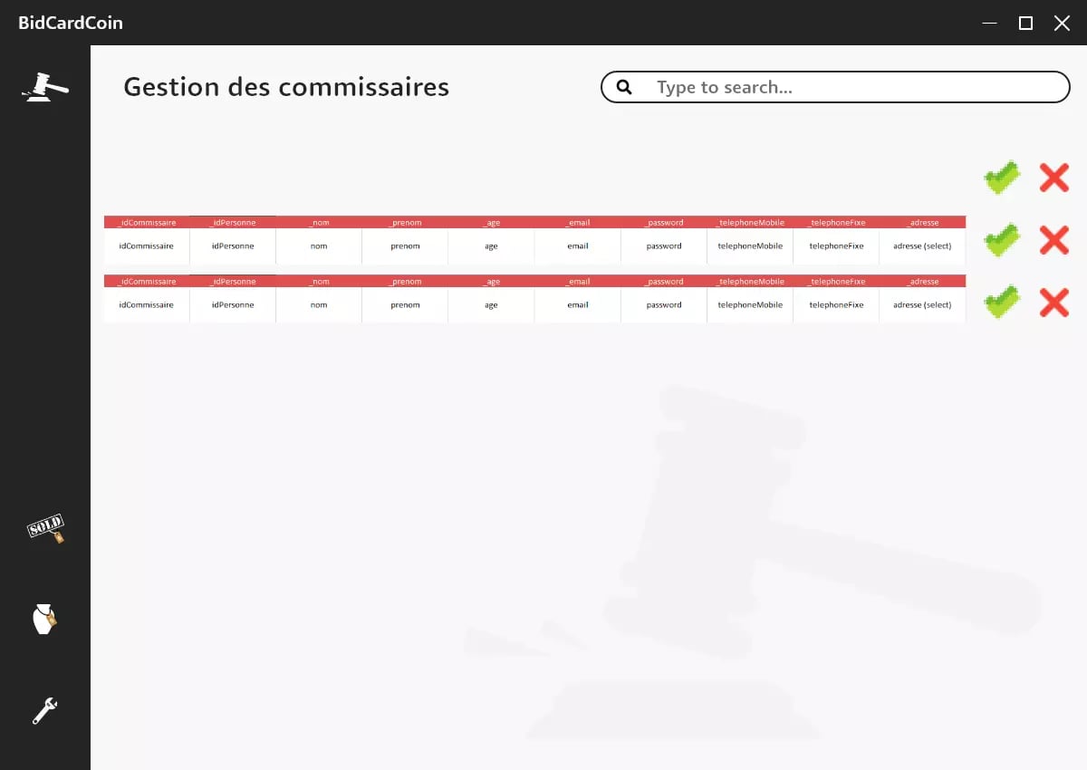 Screenshot of the Gestion des commissaires interface in BidCardCoin for managing user accounts with columns for ID, name, first name, age, email, password, mobile phone, landline phone, and address