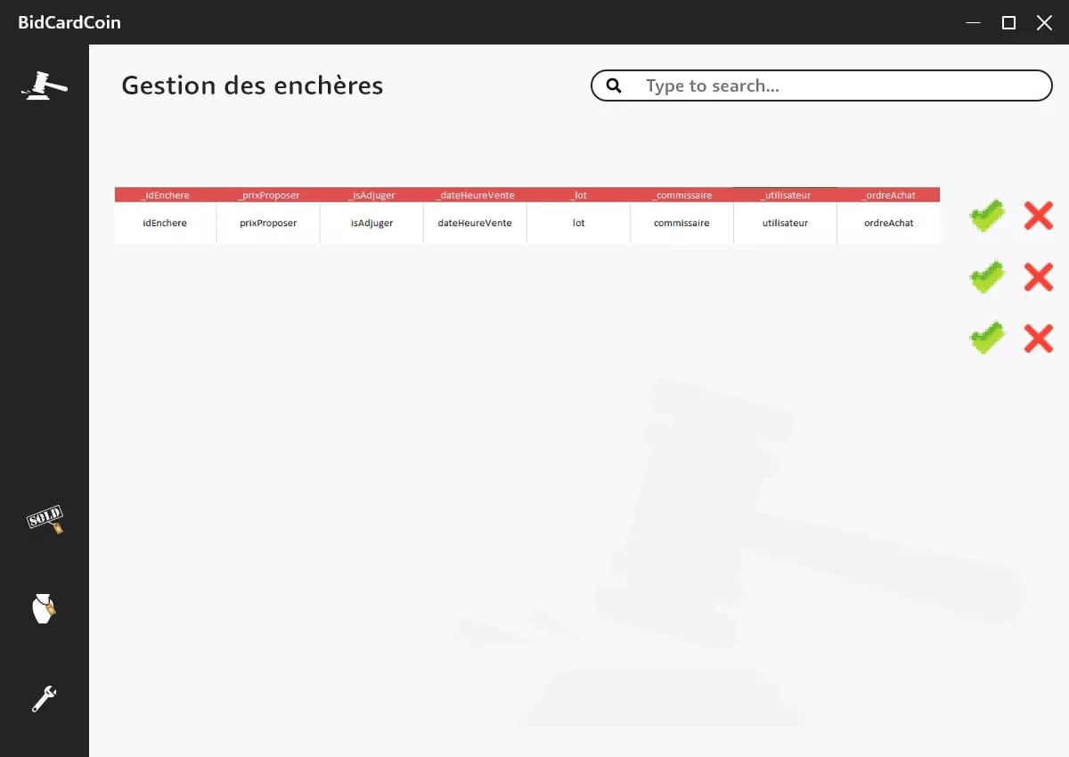 Screenshot of 'Gestion des enchères' interface on BidCardCoin platform with search bar and table of auction details