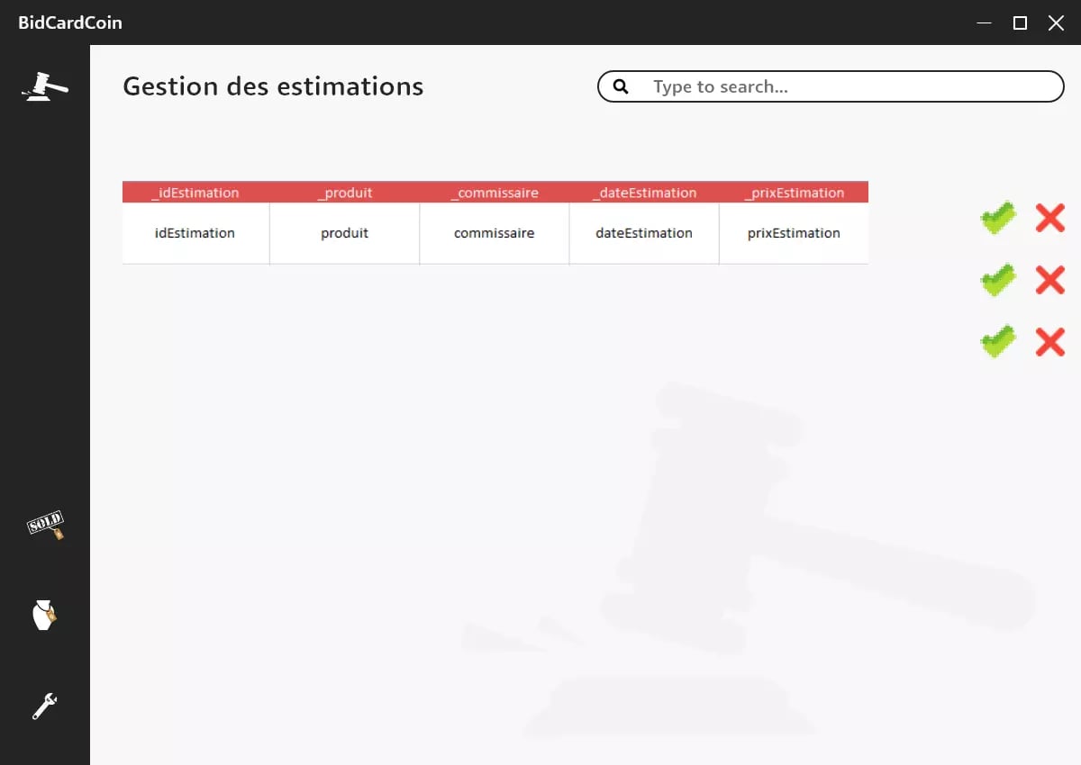 User interface of BidCardCoin management system showing 'Gestion des estimations' section with search bar, table, accept and reject icons, and toolbar for product estimations.