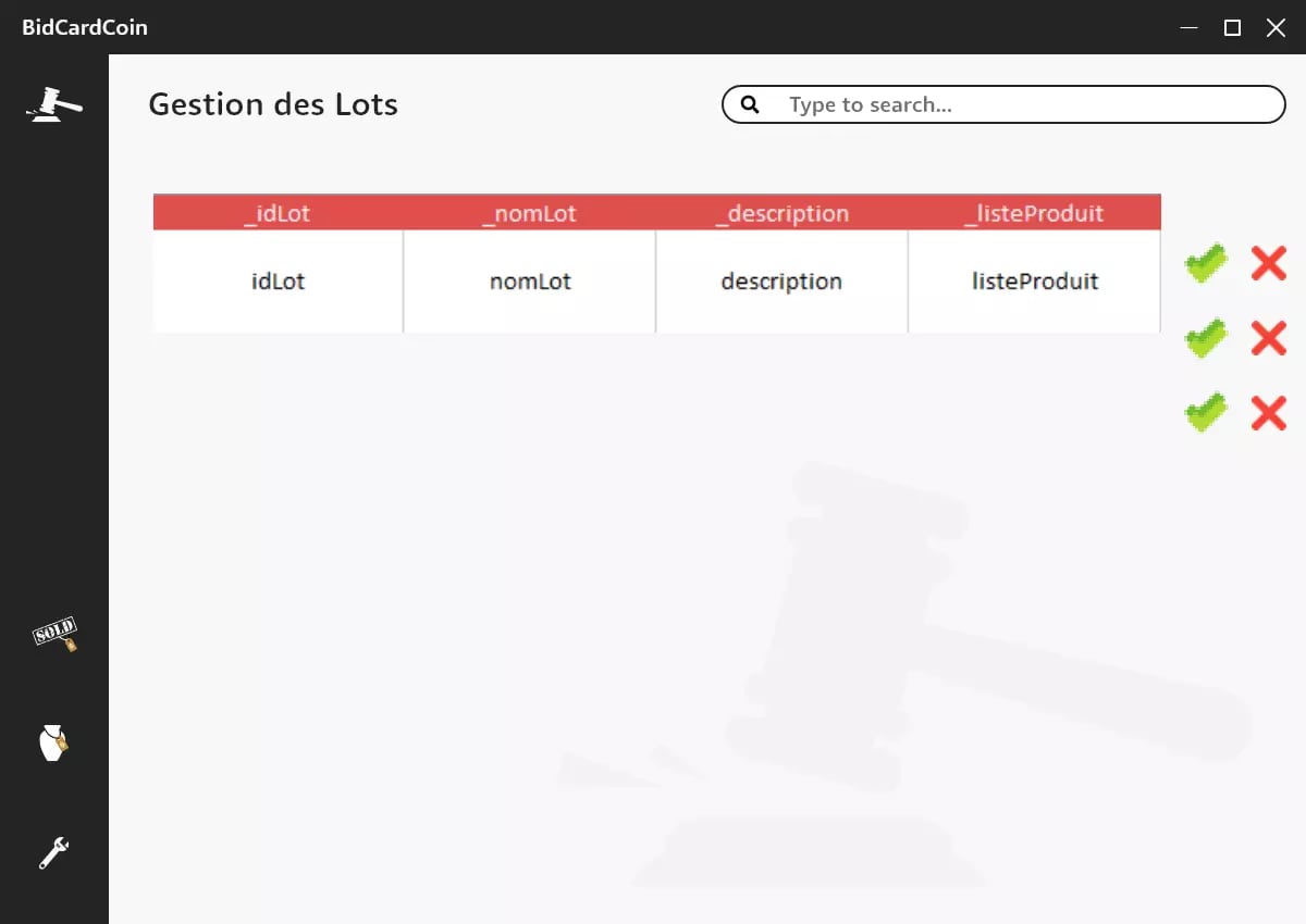 Computer screen displaying a management interface titled 'Gestion des Lots' with column headers and icons for editing and deleting