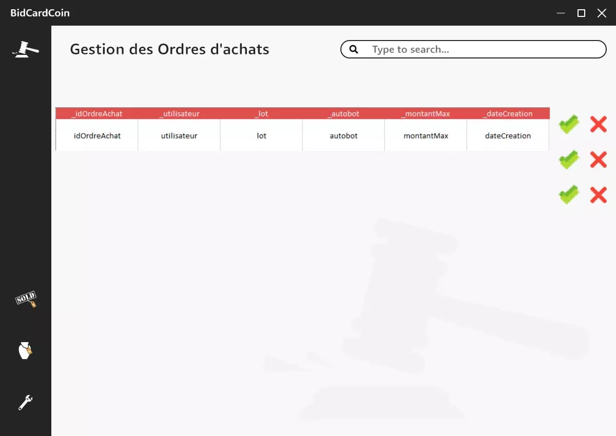 Software interface for managing purchase orders with columns for order ID, user, lot, autobid, maximum amount, and creation date.
