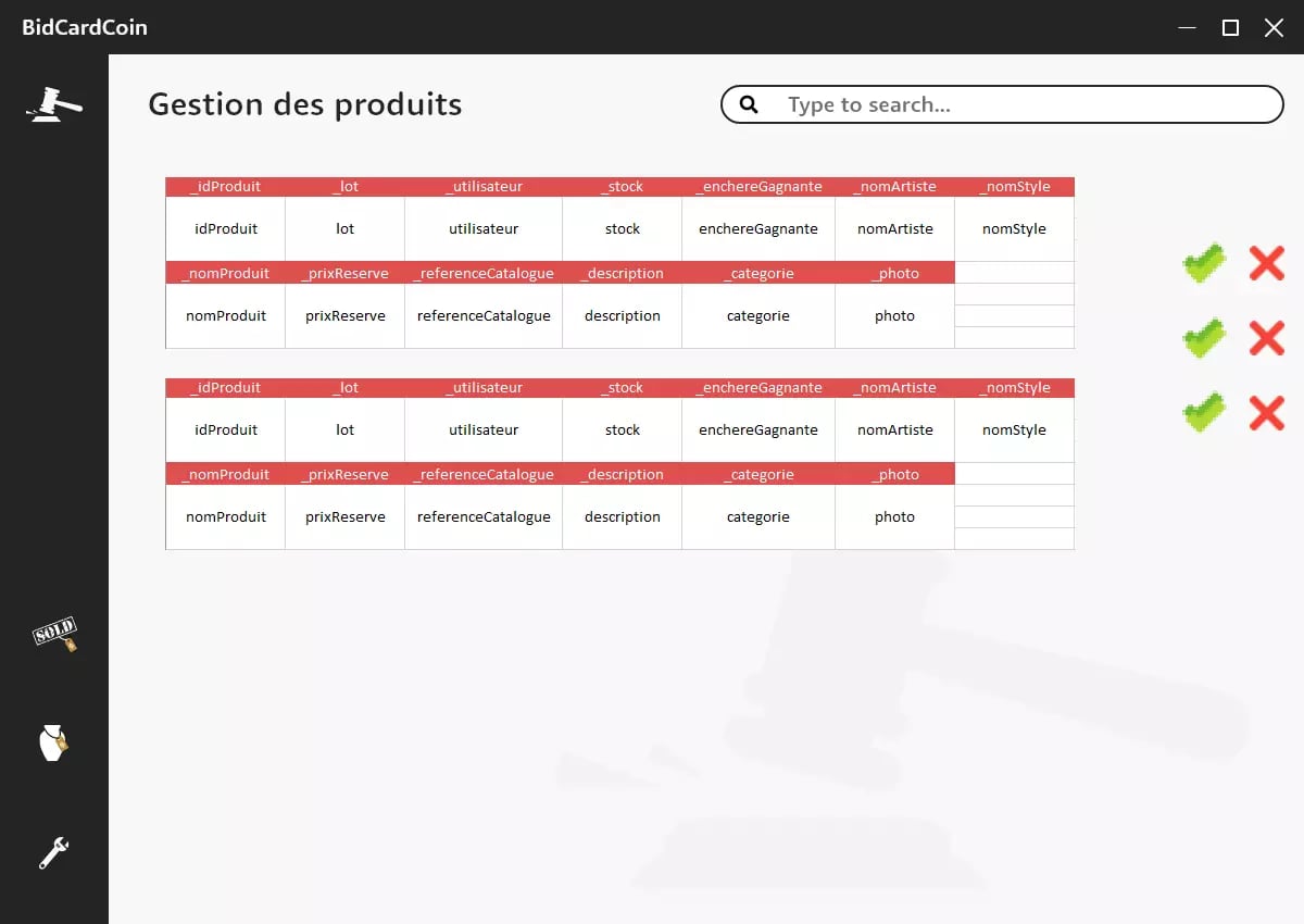 Screenshot of a product management interface on BidCardCoin website/application in French displaying data fields and icons for actions like validate and delete.
