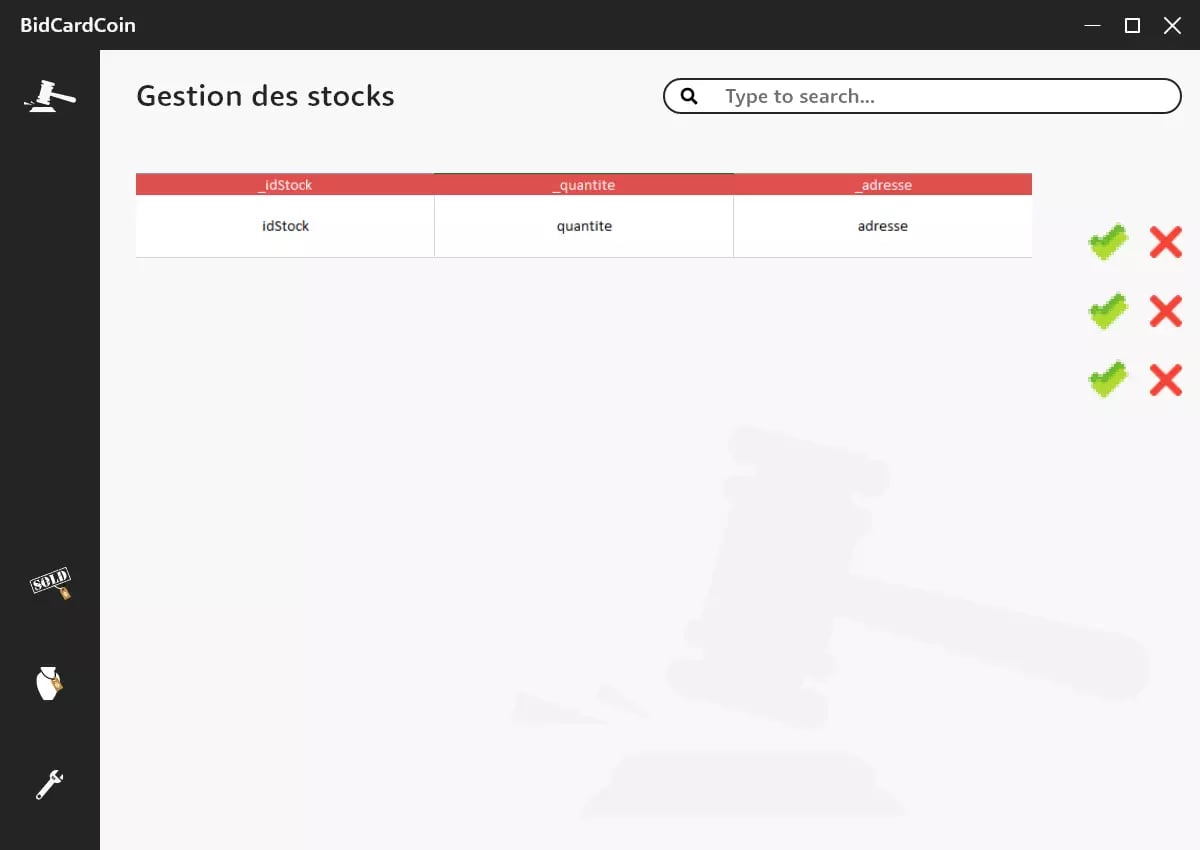 Simple inventory management system user interface with table layout for stock id, quantity, and address