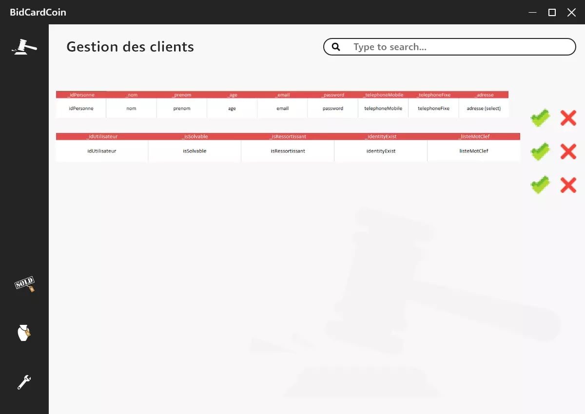 Computer interface for a client management system in French showing sections for personal information and contact details with validation icons.