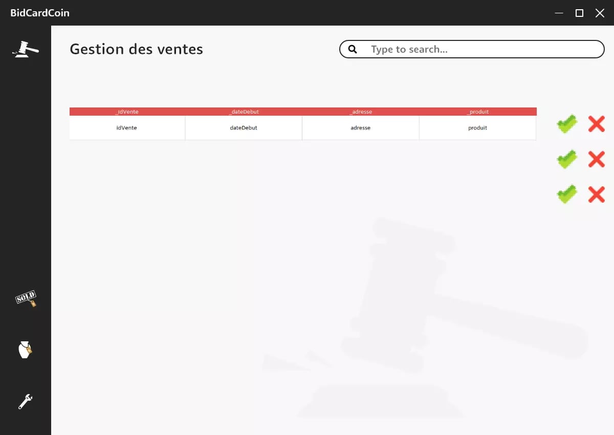 Screenshot of a computer interface for a sales management system with French heading 'Gestion des ventes'. Table with columns for sale ID, start date, address, and product. Icons for actions and navigation.