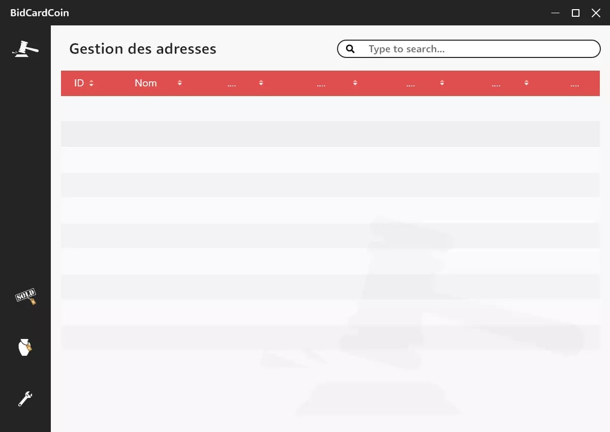 Screenshot of the BidCardCoin application interface showing Address Management section in French