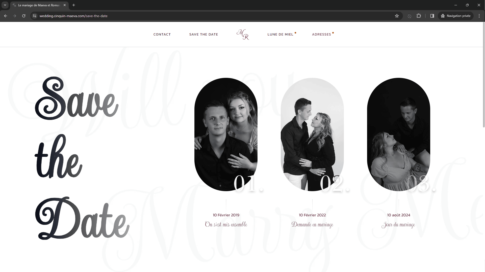 Black and white photos of a couple in different poses, with captions indicating relationship milestones