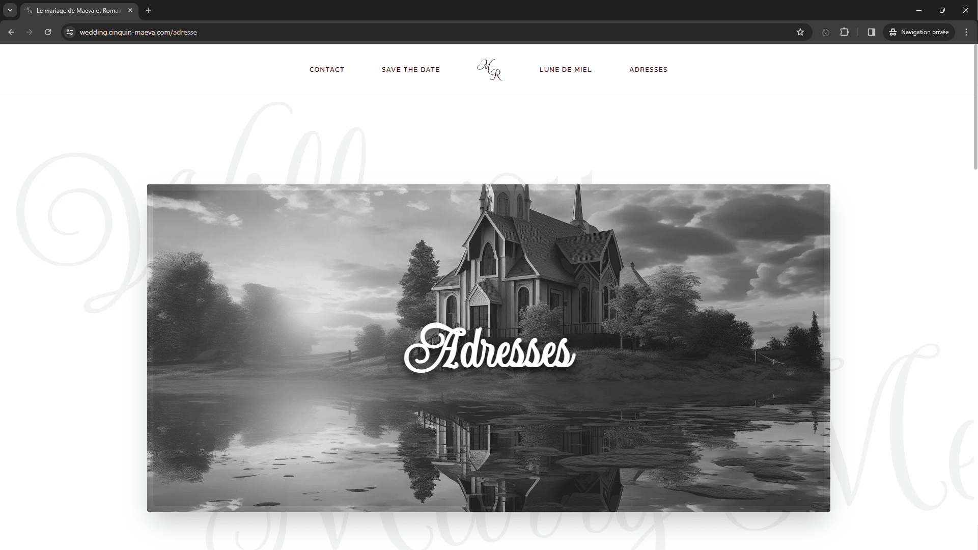 A webpage header featuring navigation tabs like 'CONTACT,' 'SAVE THE DATE,' and 'ADDRESSES' with a black and white graphic of a church by a reflective body of water, trees, and cloudy skies with 'Addresses' in cursive script.