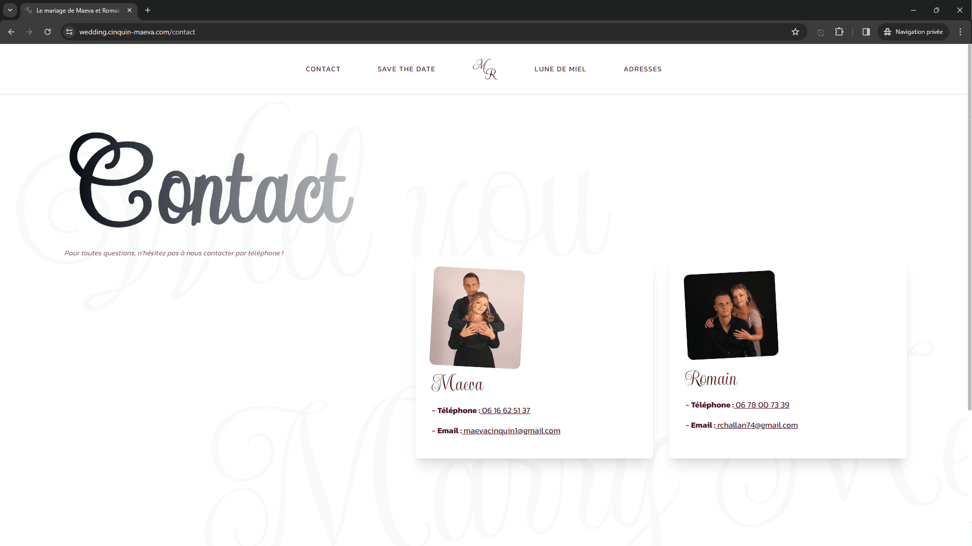 Contact page with stylized header, Maeva and Romain's contact information, and French text for phone contact.