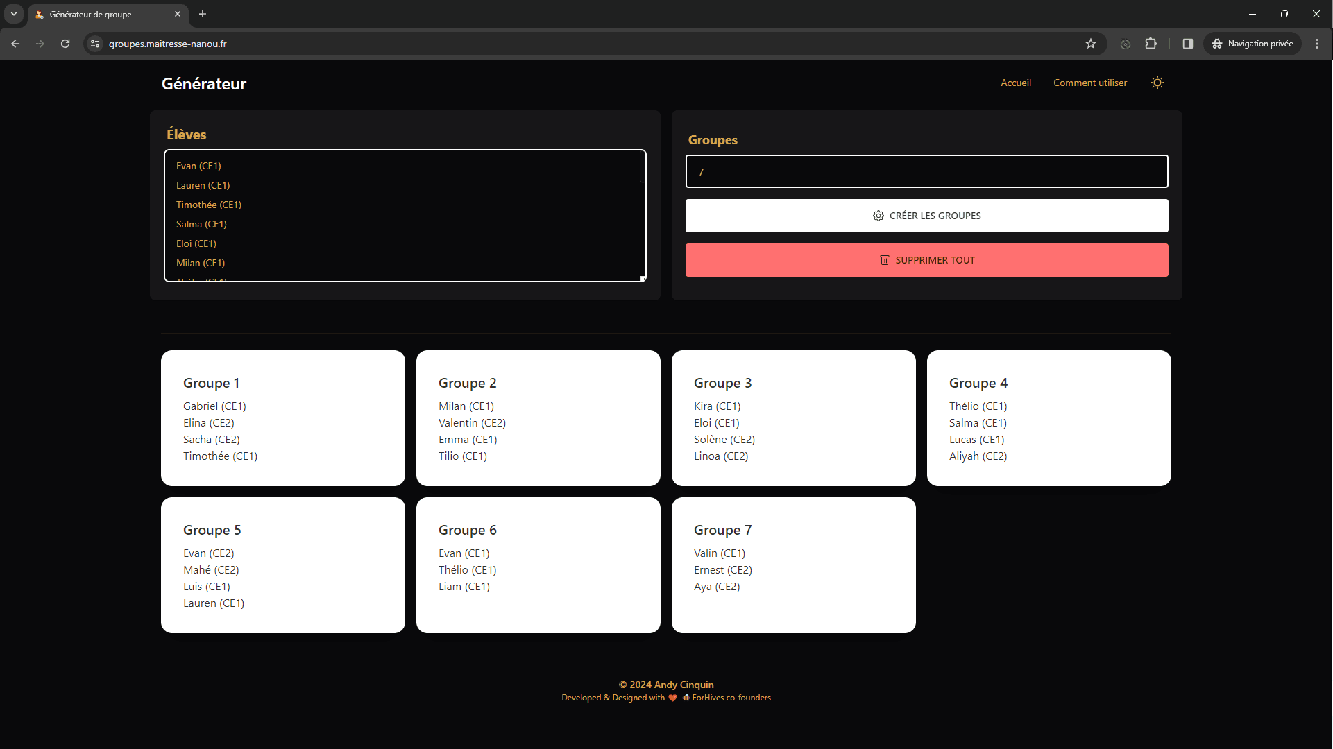 Screenshot of a group generator tool on a website in French, organizing students into seven groups labeled Groupe 1 to 7