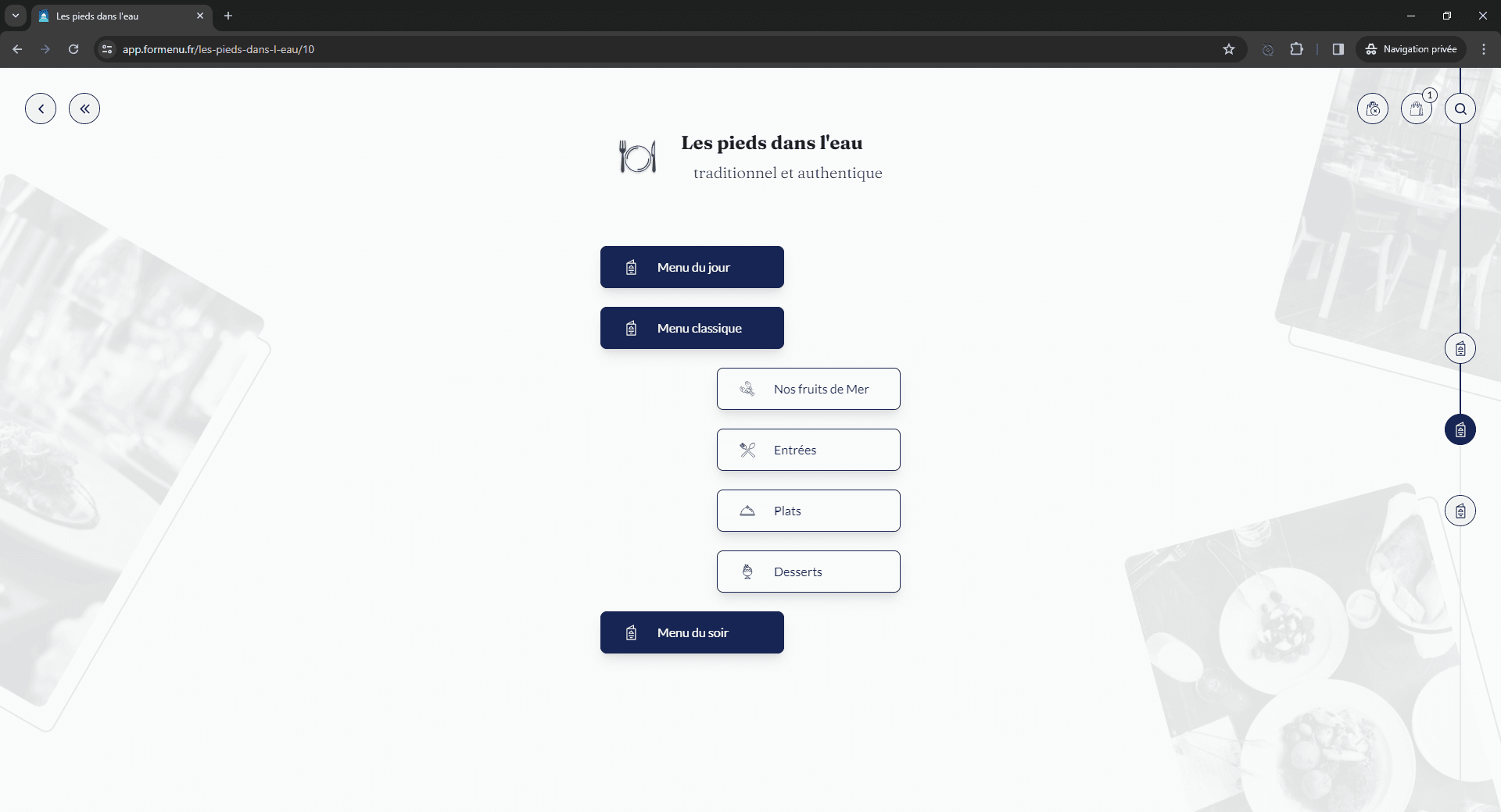 Webpage displaying menus for Les Pieds Dans L'eau restaurant including Menu du jour, Menu classique, and Menu du soir.