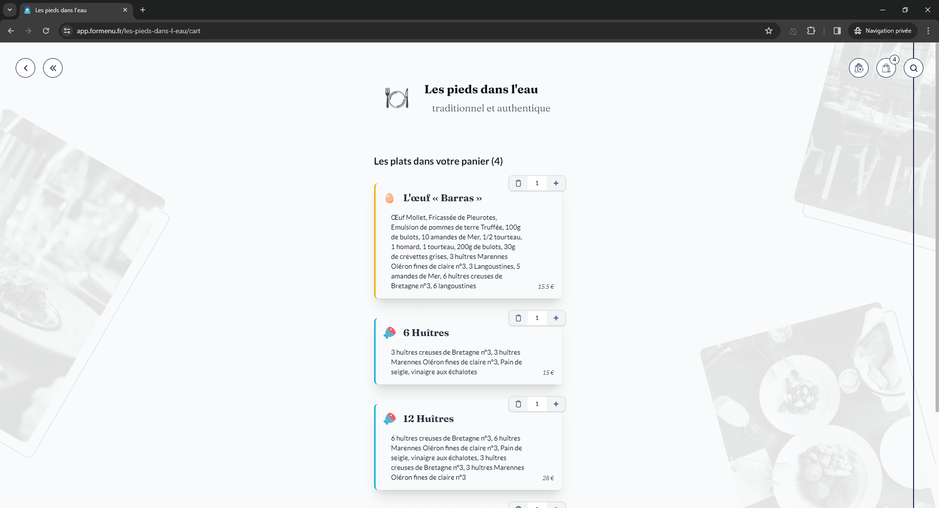 Webpage of an online food ordering system for a restaurant Les pieds dans l'eau with various dishes listed in a shopping cart interface.