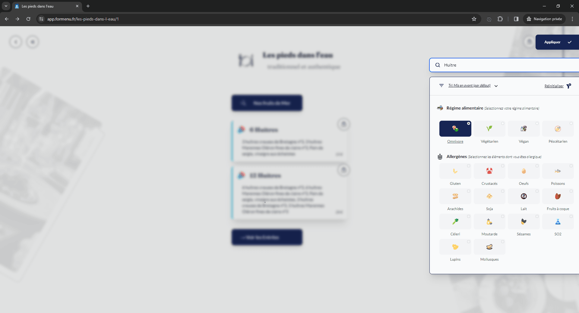 A web page showing a form titled 'Les pieds dans l'eau' with options to select dietary regimes and allergens