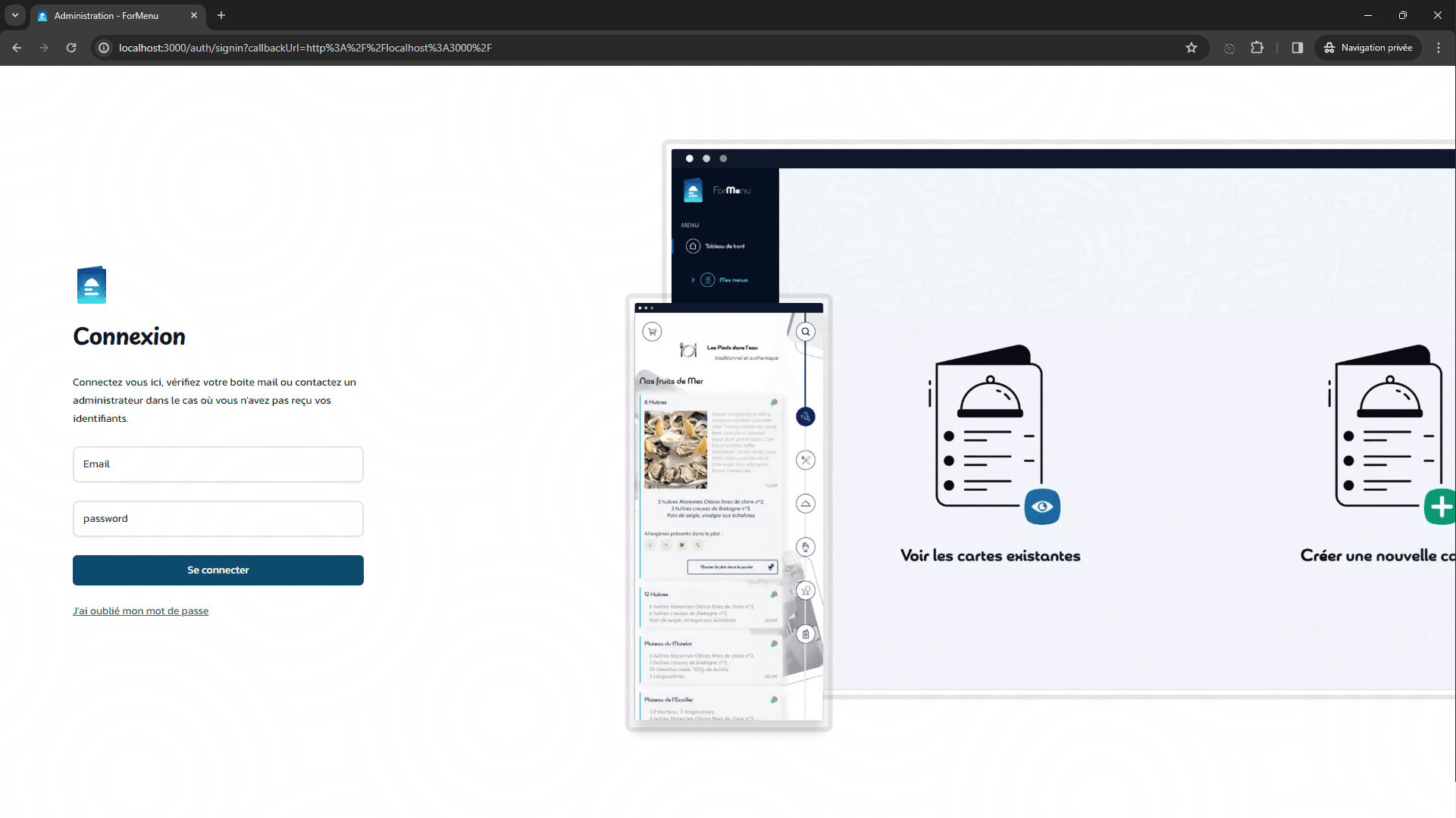 Computer screen showing a login page in French with email and password fields for a restaurant digital menu management system, alongside a mobile app menu with seafood options.