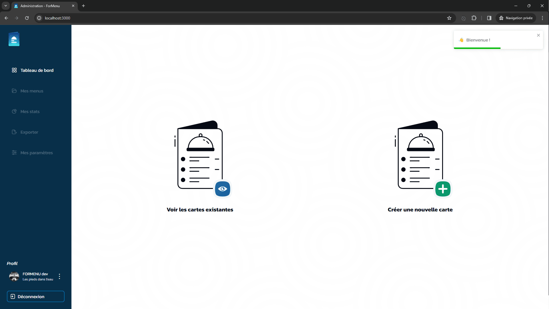 Computer interface showing a menu administration system with icons for viewing existing menus and creating new menus, along with a navigation bar and welcome message.