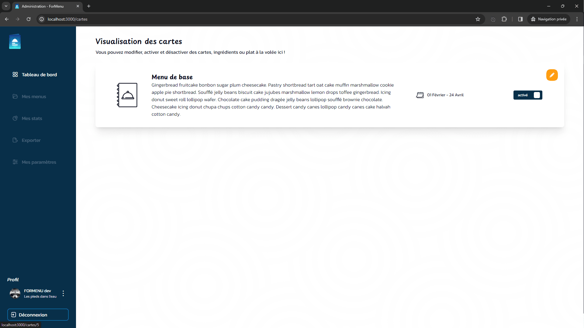 User interface of a web application for menu administration in French language