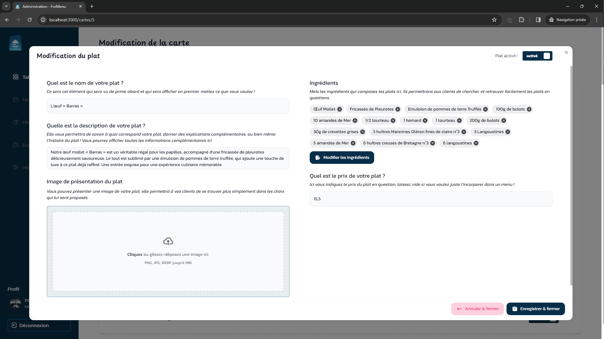 Web-based interface for modifying a dish on a restaurant menu with fields for name, description, image upload, ingredients list, and price input in French