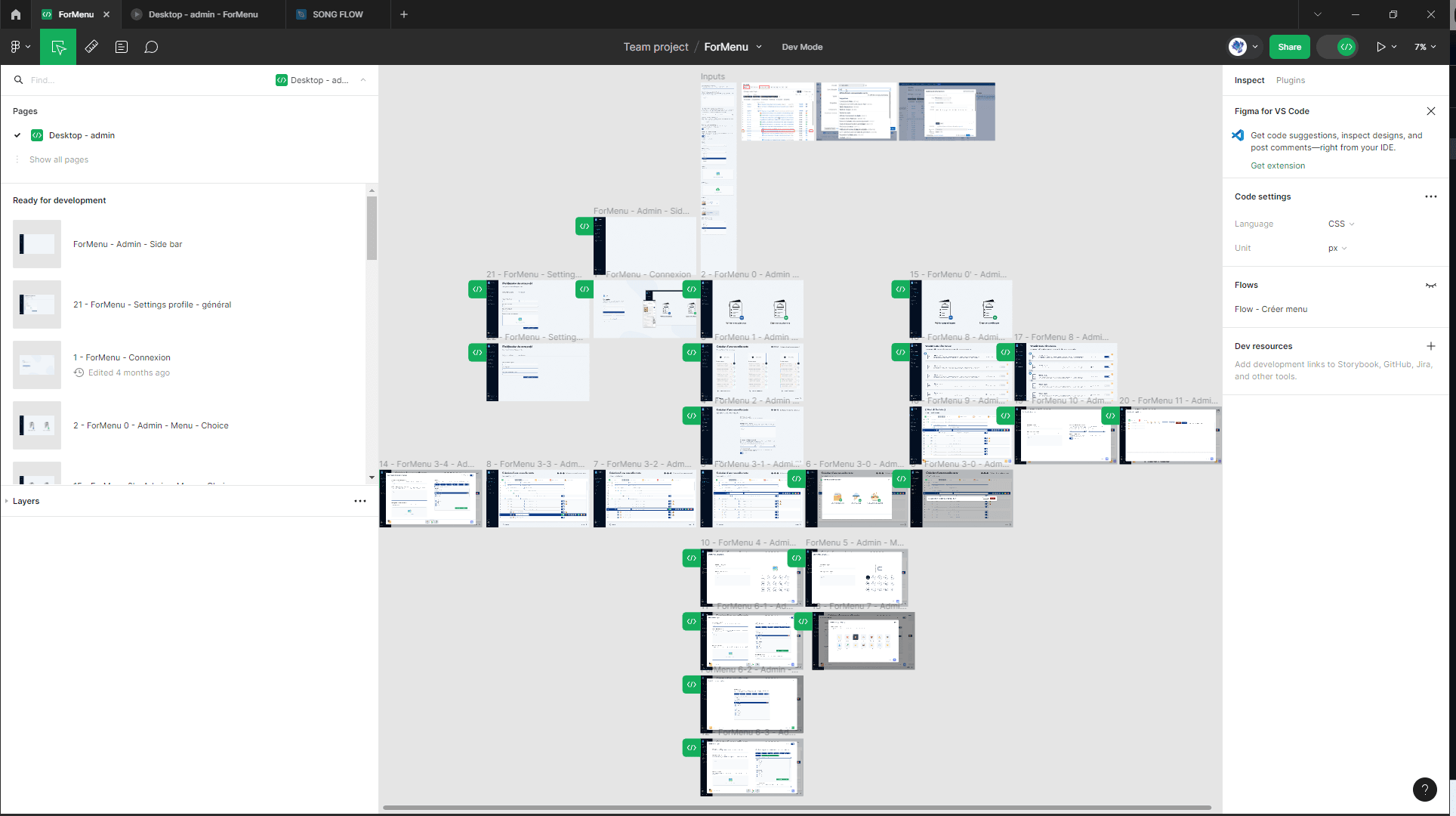 An organized workspace displaying various screens of the 'ForMenu' application on a software development platform