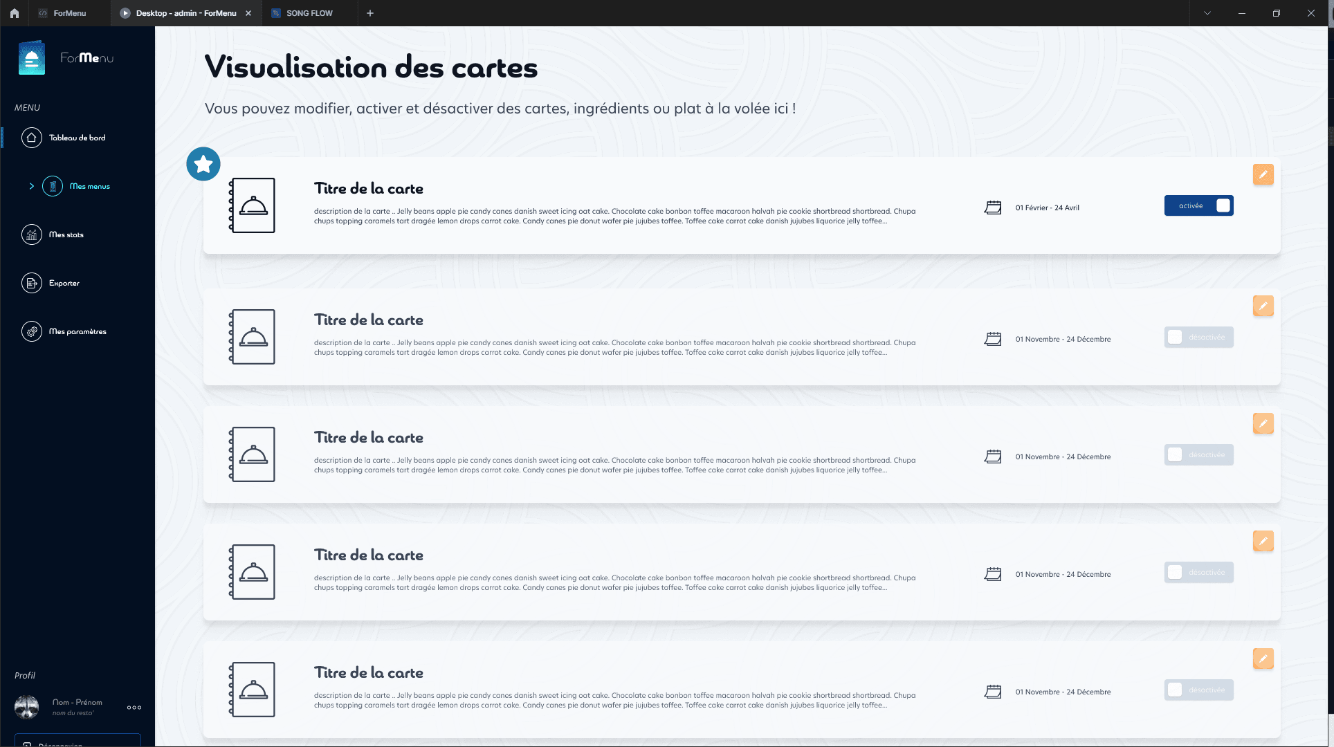 Screenshot of a computer interface for menu management system with titles, descriptions, and toggle switches