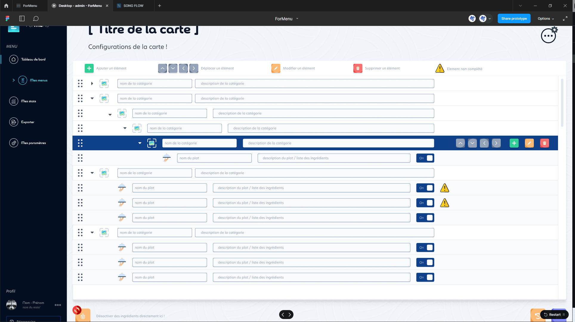 Software interface for ForMenu, a restaurant menu editing tool in French with options for creating, organizing, and editing menu items.