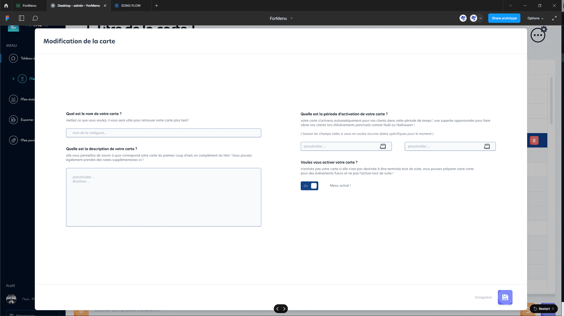 Screenshot of a web-based interface in French for editing a menu, with form fields for menu item name and description, activation period options, and navigation tools.