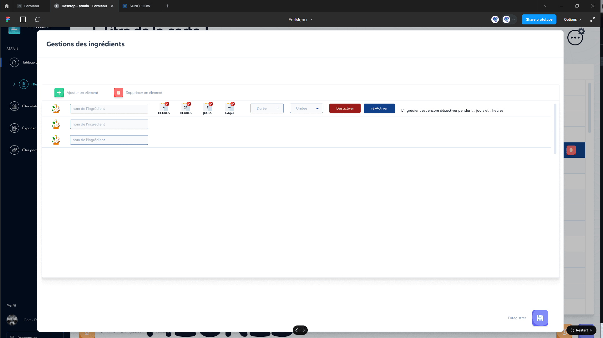 Computer screen displaying a web-based application management panel for ingredients with options to add or remove items, ingredient names, icons, dropdowns, and buttons for deactivating/reactivating ingredients.