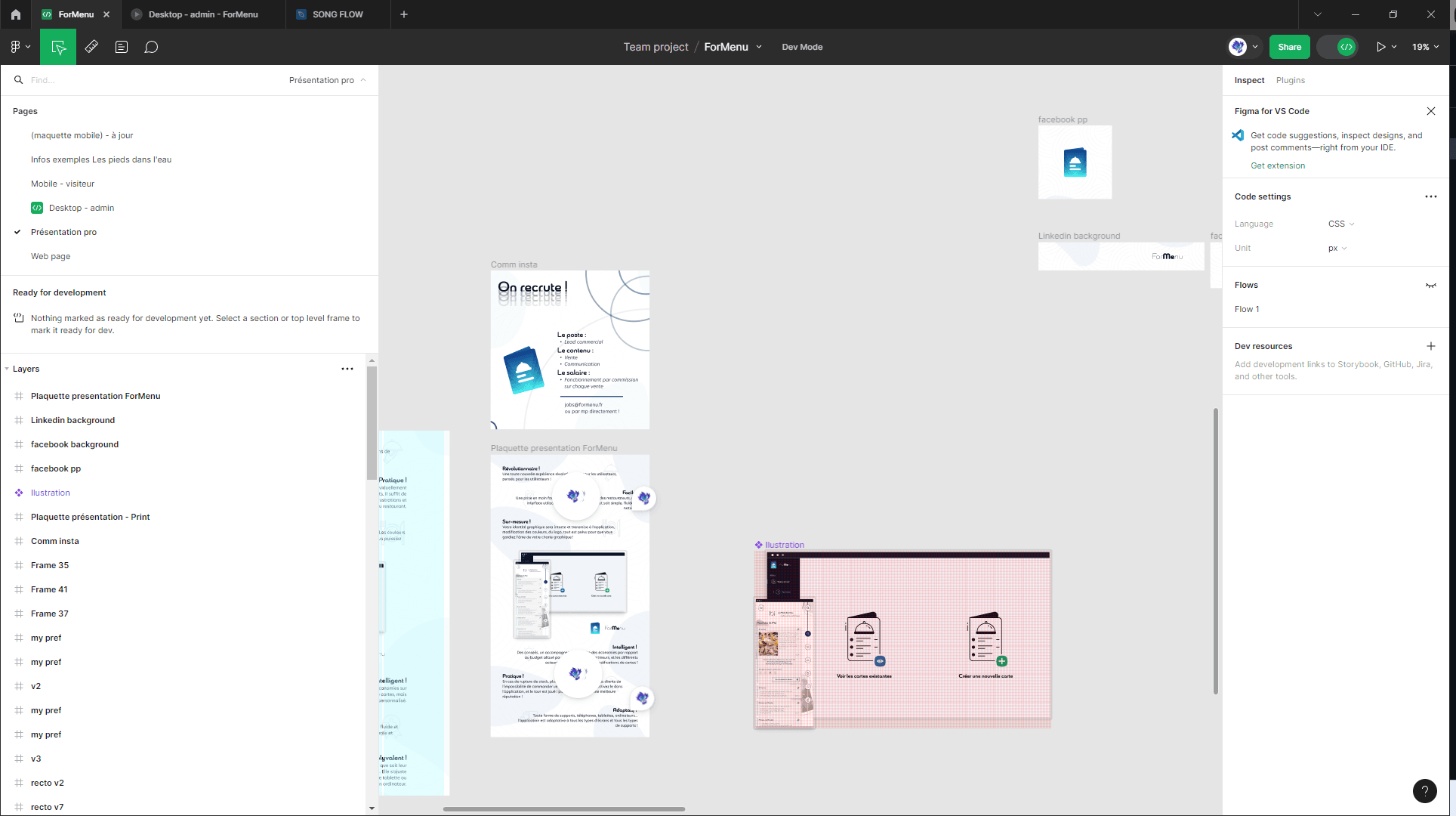 Screenshot of a design tool workspace with various frames and assets for social media and prints, layout mockups, and design layers.