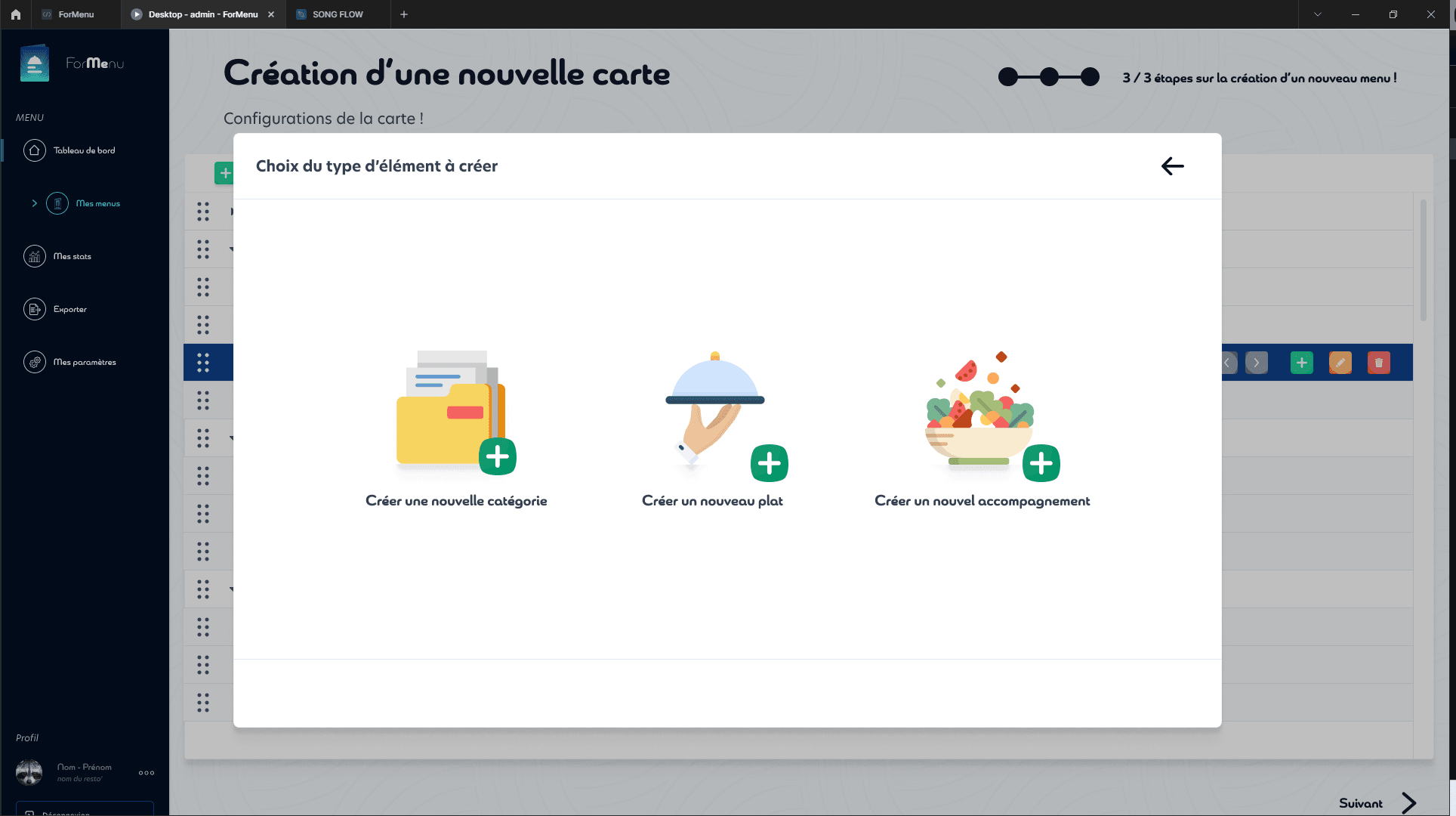 Computer interface displaying menu creation tool ForMenu with options to add new category, dish, or side dish.