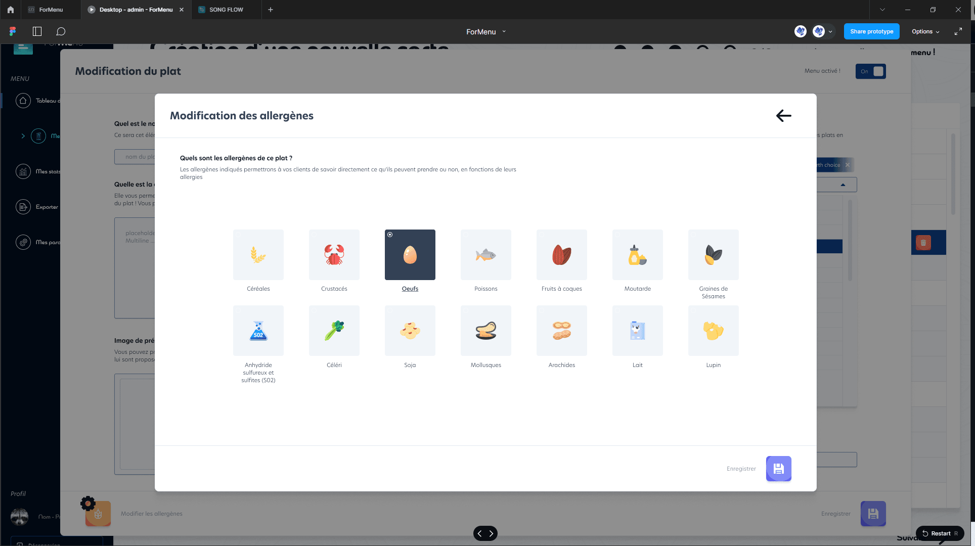 User interface displaying various allergen icons for modifying dish allergen information in French