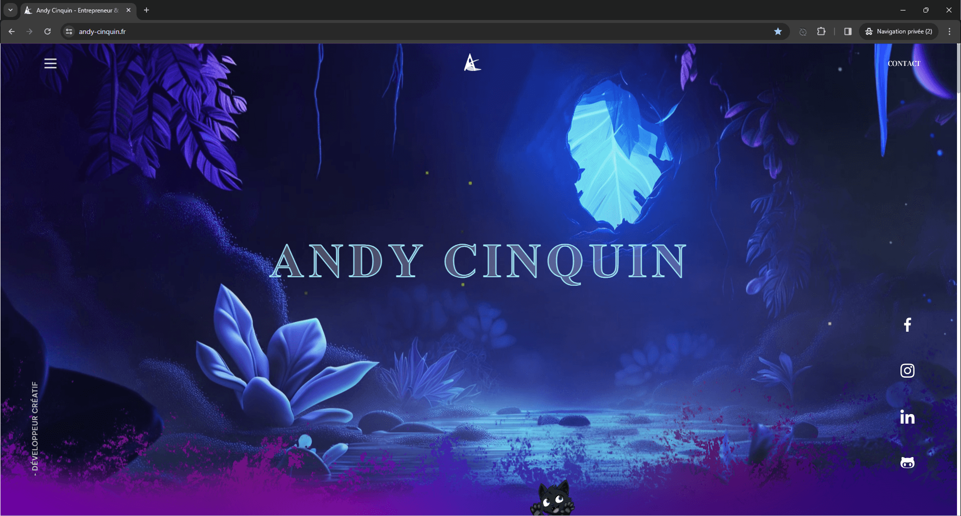 Browser window displaying a dark, mystical forest theme website with a glowing crystal, foliage, and a cartoon cat, featuring the name 'ANDY CINQUIN' and social media icons.