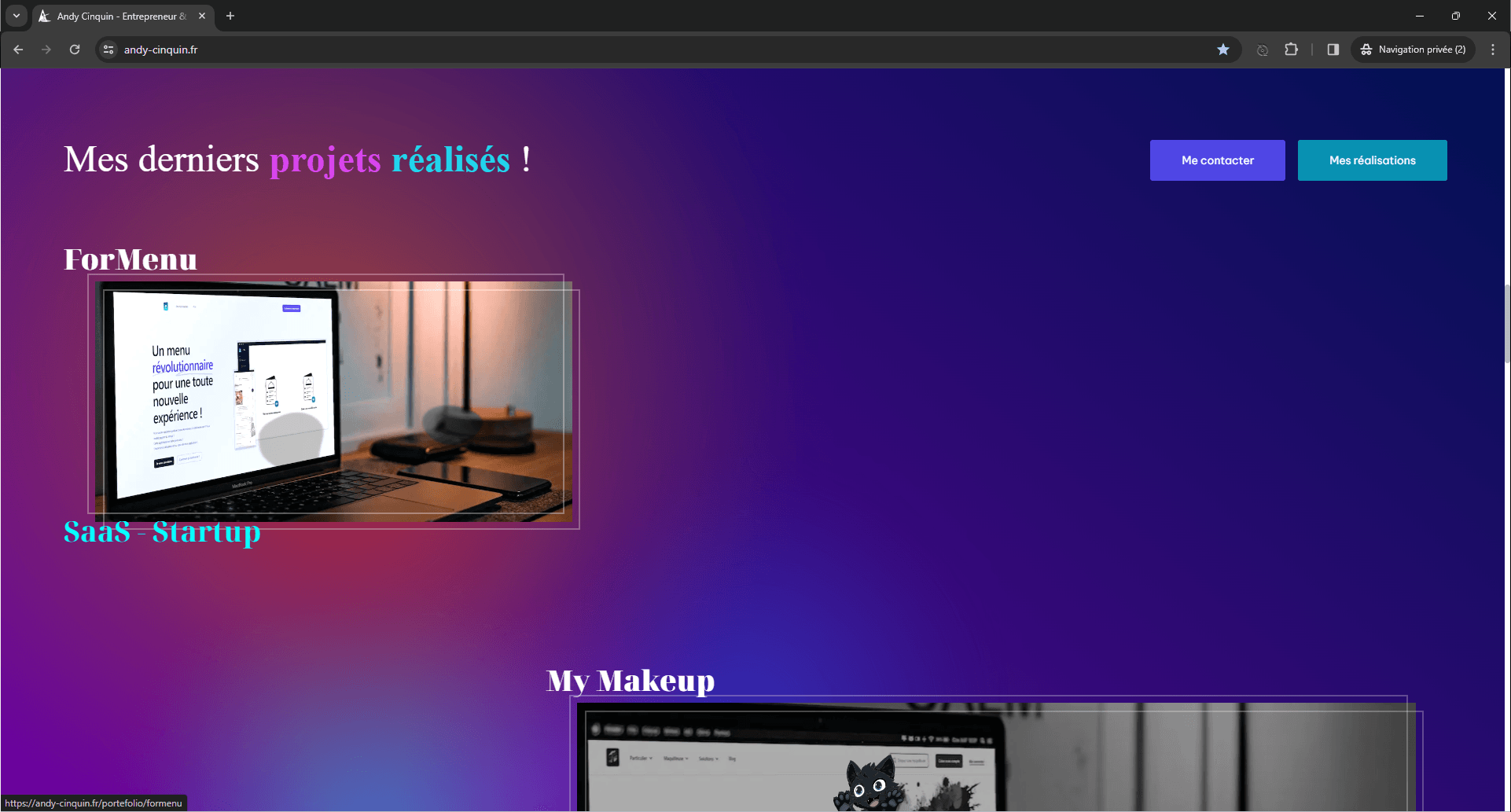 Screenshot of a webpage titled 'Mes derniers projets réalisés !' featuring project previews for 'ForMenu' and 'My Makeup' with a blue and purple gradient background.
