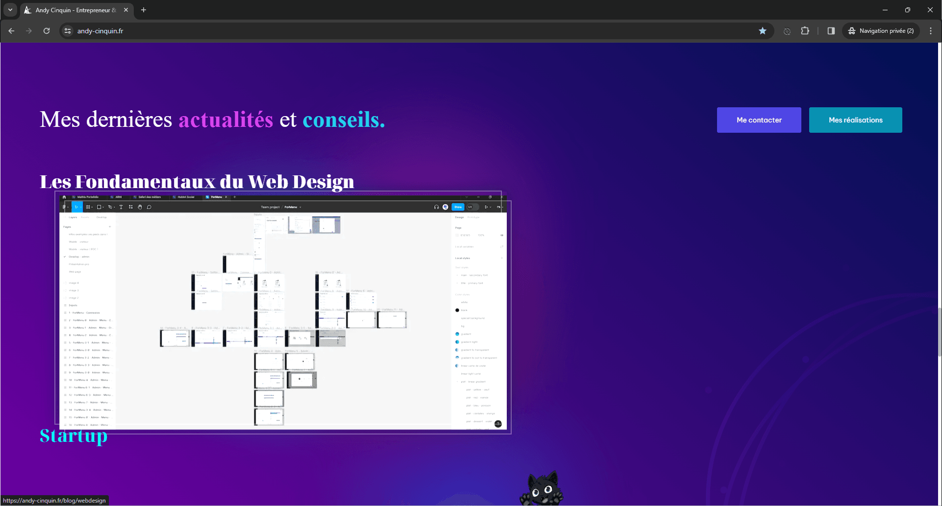 Computer screen displaying a purple-themed webpage with French text, buttons for contact and projects, and a web design diagram, highlighting the word 'Startup'.